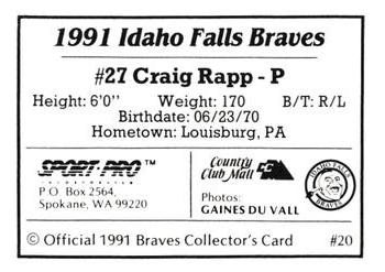 1991 Sport Pro Idaho Falls Braves #20 Craig Rapp Back