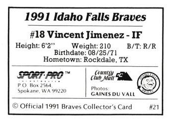 1991 Sport Pro Idaho Falls Braves #21 Vincent Jimenez Back
