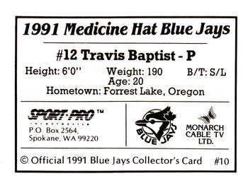 1991 Sport Pro Medicine Hat Blue Jays #10 Travis Baptist Back