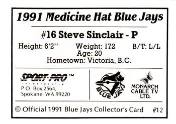 1991 Sport Pro Medicine Hat Blue Jays #12 Steve Sinclair Back