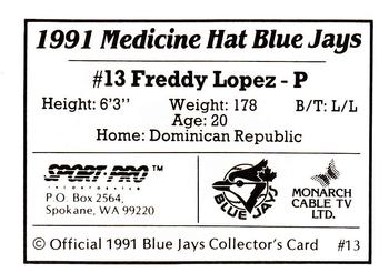 1991 Sport Pro Medicine Hat Blue Jays #13 Freddy Lopez Back