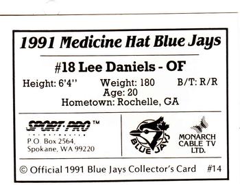 1991 Sport Pro Medicine Hat Blue Jays #14 Lee Daniels Back
