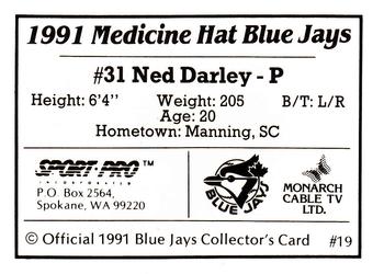 1991 Sport Pro Medicine Hat Blue Jays #19 Ned Darley Back