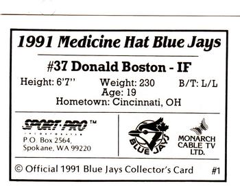 1991 Sport Pro Medicine Hat Blue Jays #1 D.J. Boston Back