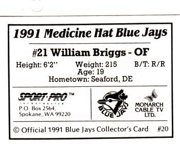 1991 Sport Pro Medicine Hat Blue Jays #20 William Briggs Back