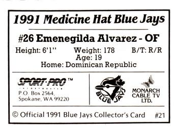 1991 Sport Pro Medicine Hat Blue Jays #21 Emenegilda Alvarez Back