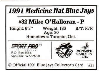 1991 Sport Pro Medicine Hat Blue Jays #23 Mike O'Halloran Back