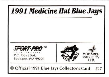 1991 Sport Pro Medicine Hat Blue Jays #27 Blank card Back