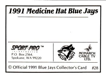 1991 Sport Pro Medicine Hat Blue Jays #28 Blank card Back