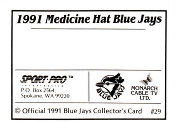 1991 Sport Pro Medicine Hat Blue Jays #29 Blank card Back