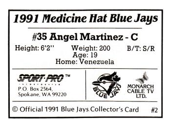 1991 Sport Pro Medicine Hat Blue Jays #2 Angel Martinez Back
