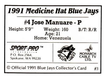 1991 Sport Pro Medicine Hat Blue Jays #3 Jose Manaure Back