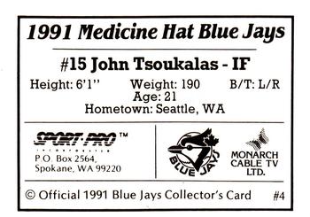 1991 Sport Pro Medicine Hat Blue Jays #4 John Tsoukalas Back