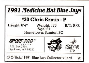 1991 Sport Pro Medicine Hat Blue Jays #5 Chris Ermis Back