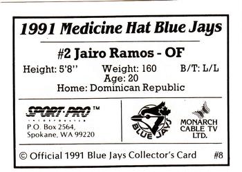 1991 Sport Pro Medicine Hat Blue Jays #8 Jairo Ramos Back