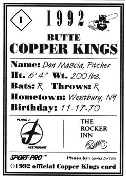 1992 Sport Pro Butte Copper Kings #1 Dan Mascia Back