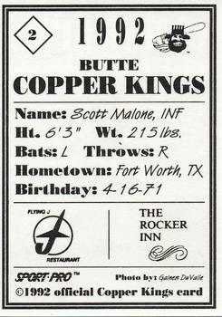 1992 Sport Pro Butte Copper Kings #2 Scott Malone Back