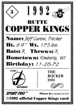 1992 Sport Pro Butte Copper Kings #3 Jeff Carew Back
