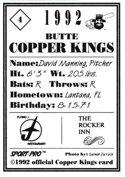 1992 Sport Pro Butte Copper Kings #4 David Manning Back