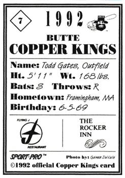 1992 Sport Pro Butte Copper Kings #7 Todd Gates Back