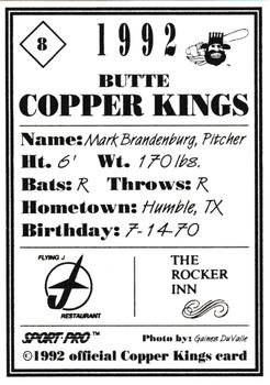 1992 Sport Pro Butte Copper Kings #8 Mark Brandenburg Back