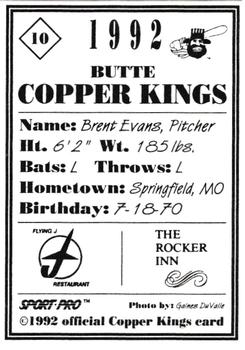 1992 Sport Pro Butte Copper Kings #10 Brent Evans Back