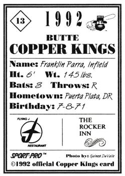 1992 Sport Pro Butte Copper Kings #13 Franklin Parra Back