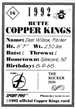 1992 Sport Pro Butte Copper Kings #16 Desi Wilson Back