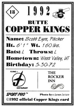 1992 Sport Pro Butte Copper Kings #18 Scott Eyre Back