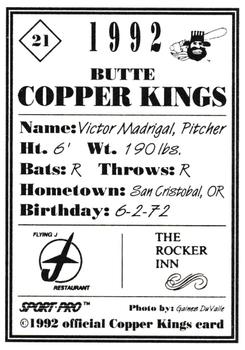 1992 Sport Pro Butte Copper Kings #21 Victor Madrigal Back