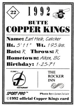 1992 Sport Pro Butte Copper Kings #22 Earl Hieb Back