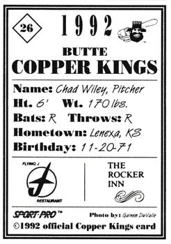 1992 Sport Pro Butte Copper Kings #26 Chad Wiley Back