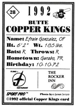 1992 Sport Pro Butte Copper Kings #28 Efrain Gonzalez Back
