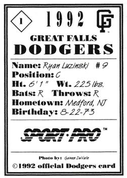 1992 Sport Pro Great Falls Dodgers #1 Ryan Luzinski Back