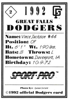 1992 Sport Pro Great Falls Dodgers #2 Vince Jackson Back