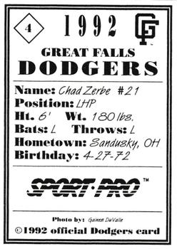 1992 Sport Pro Great Falls Dodgers #4 Chad Zerbe Back