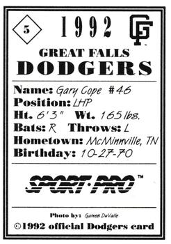 1992 Sport Pro Great Falls Dodgers #5 Gary Cope Back