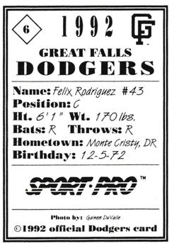 1992 Sport Pro Great Falls Dodgers #6 Felix Rodriguez Back