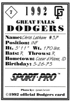 1992 Sport Pro Great Falls Dodgers #7 Chris Latham Back