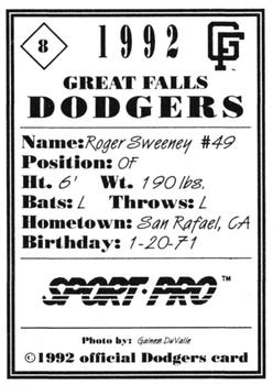 1992 Sport Pro Great Falls Dodgers #8 Roger Sweeney Back