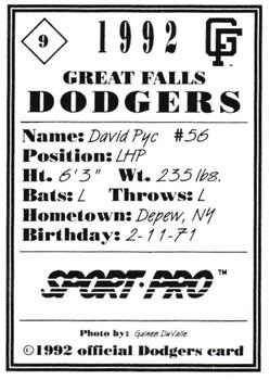 1992 Sport Pro Great Falls Dodgers #9 David Pyc Back