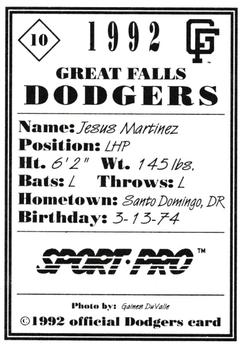 1992 Sport Pro Great Falls Dodgers #10 Jesus Martinez Back