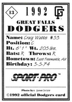 1992 Sport Pro Great Falls Dodgers #13 Craig Watts Back