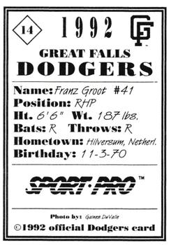 1992 Sport Pro Great Falls Dodgers #14 Franz Groot Back