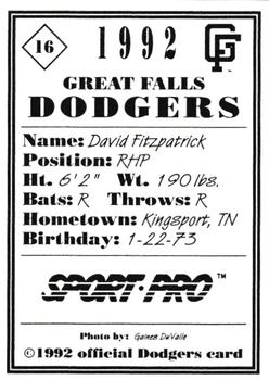 1992 Sport Pro Great Falls Dodgers #16 David Fitzpatrick Back