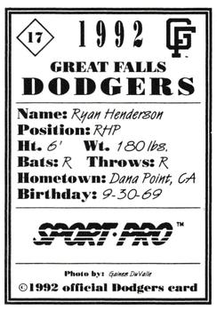 1992 Sport Pro Great Falls Dodgers #17 Ryan Henderson Back