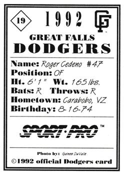 1992 Sport Pro Great Falls Dodgers #19 Roger Cedeno Back