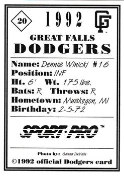 1992 Sport Pro Great Falls Dodgers #20 Dennis Winicki Back