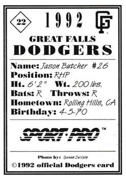 1992 Sport Pro Great Falls Dodgers #22 Jason Butcher Back