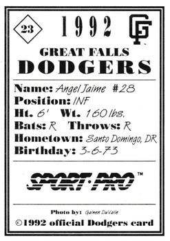 1992 Sport Pro Great Falls Dodgers #23 Angel Jaime Back